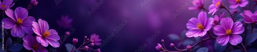 Dark Violet Floral Background with Purple Flowers, Botanicals, Foliage