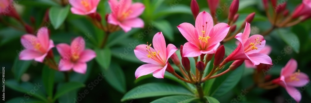 Delicate pink blooms of Alstroemeria in a lush bush on dark green foliage, spring, botanical Delicate pink blooms of Alstroemeria in a lush bush on dark green foliage, spring, botanical