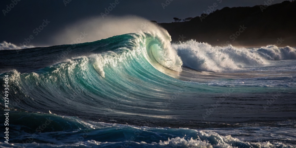 Waves crashing against the shore at sunset with dramatic colors and textures in the water