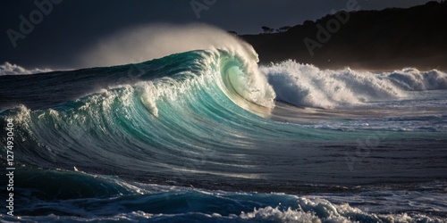 Obraz na płótnie Waves crashing against the shore at sunset with dramatic colors and textures in the water w salonie