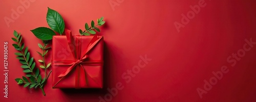 Red gift wrapped in red paper with green stems, nature, present wrap, red