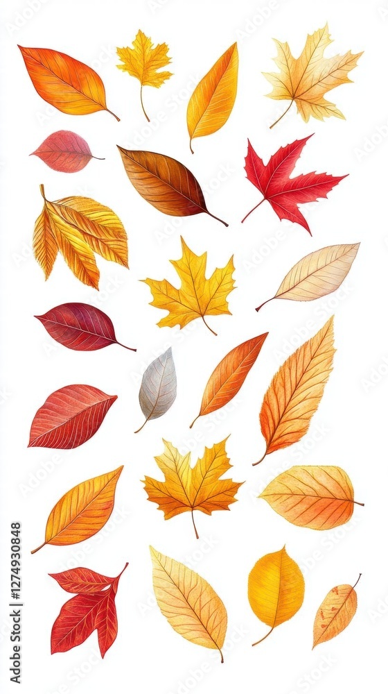Fototapeta premium Autumn Leaves Watercolor Illustration Collection - A Colorful Ensemble of Fall Foliage