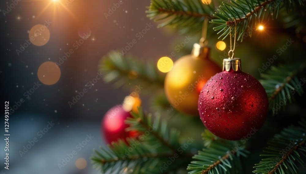 Red and yellow tinsel balls create a festive glow on a Christmas branch, cozy cabin feel, sparkly lights, red Red and yellow tinsel balls create a festive glow on a Christmas branch, cozy cabin feel, sparkly lights, red