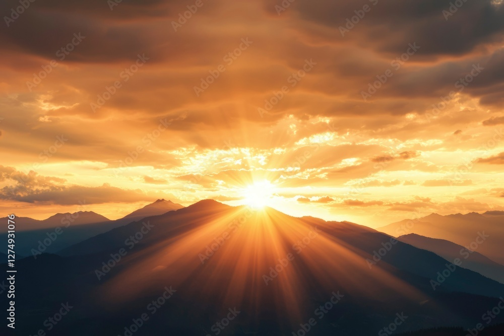 Mountain sunset with dramatic sun rays shining through clouds, nature wallpaper Mountain sunset with dramatic sun rays shining through clouds, nature wallpaper