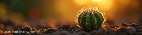 Soft morning light illuminates an Opuntia cactus offshoot emerging from the soil, opuntia, offshoot, sunlight