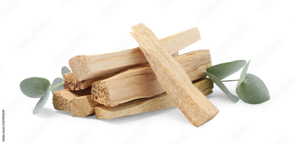Palo santo sticks and eucalyptus leaves isolated on white Palo santo sticks and eucalyptus leaves isolated on white
