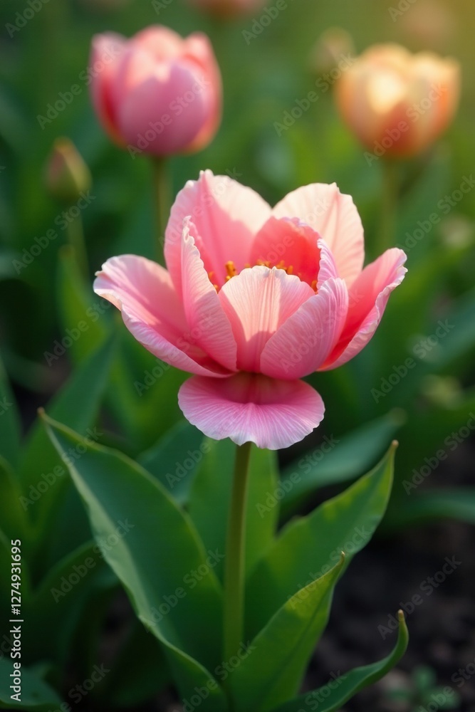 Soft petals unfolding amidst lush green foliage, spring, blooming, garden Soft petals unfolding amidst lush green foliage, spring, blooming, garden
