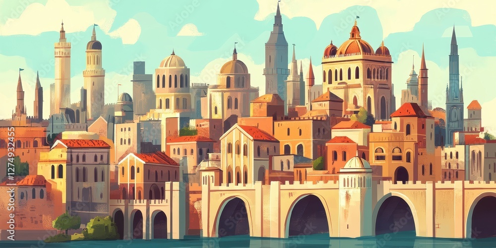 Obraz premium Beautiful cityscape illustration showcases architectural diversity and waterfront charm