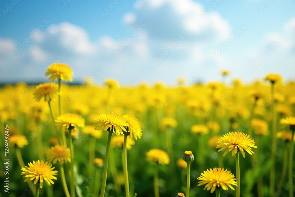 Field of bright yellow dandelions stretching towards the sky, countryside, golden, yellow Field of bright yellow dandelions stretching towards the sky, countryside, golden, yellow