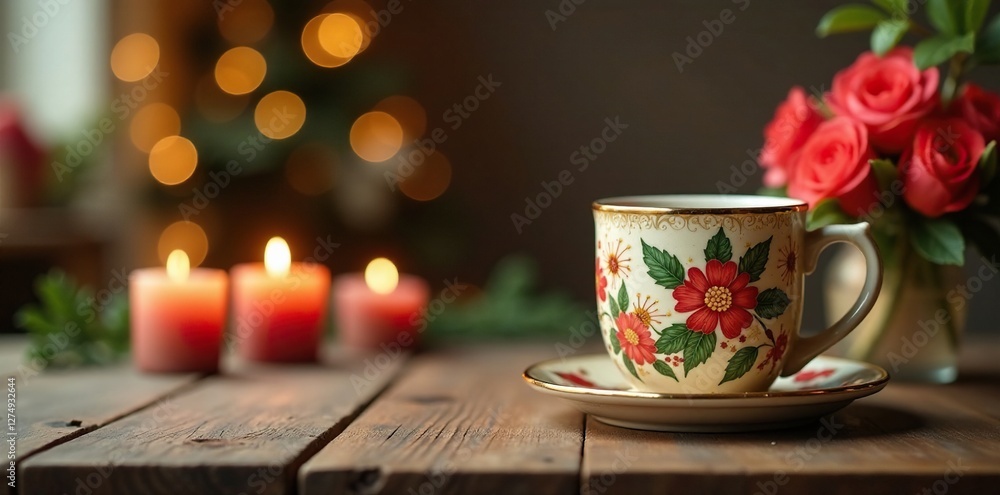 Fototapeta premium Wooden table with decorated mug, candles, and festive flowers, decoration, centerpiece, candle