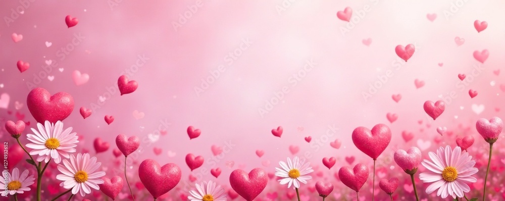 Soft pink background with scattered hearts and tiny flowers, sweet, garden Soft pink background with scattered hearts and tiny flowers, sweet, garden