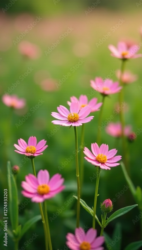 Soft petals of pink wildflowers scattered on a green meadow, wild, scenery Soft petals of pink wildflowers scattered on a green meadow, wild, scenery