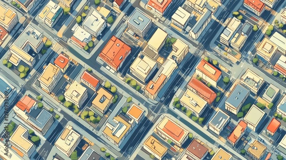 Fototapeta premium Aerial view depicts cartoon style buildings in a city