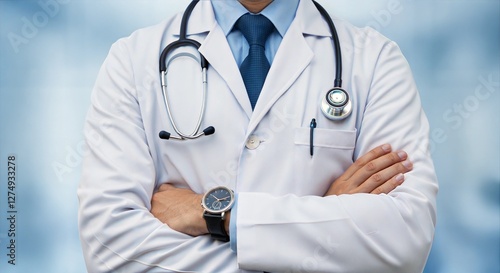 Medical doctor in a clean white coat with a stethoscope and blue tie, standing with arms crossed, representing professionalism, reliability, and excellence in healthcare