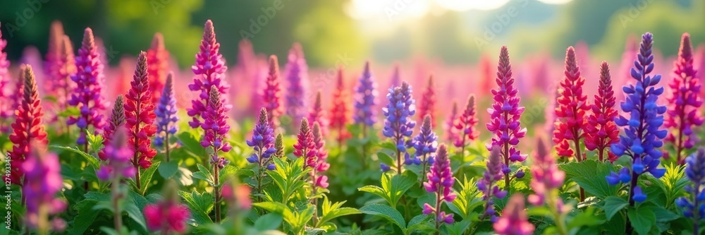 Obraz premium Field of Salvia flowers in different stages of bloom, field, blooms, flowers
