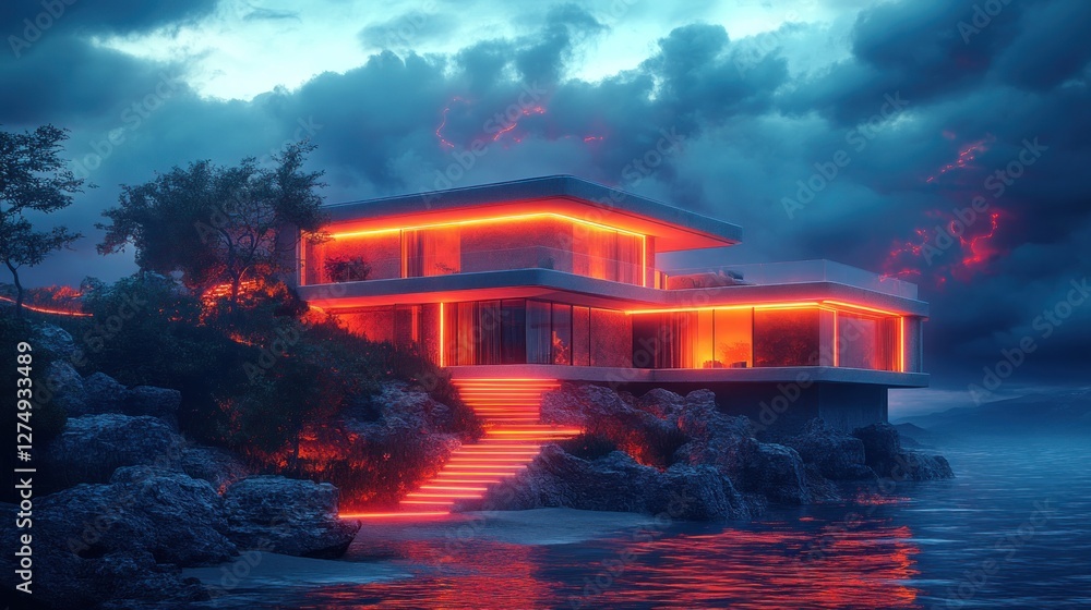 Oceanfront modern house, neon lights, stormy sky, coastal cliff, architectural visualization Oceanfront modern house, neon lights, stormy sky, coastal cliff, architectural visualization