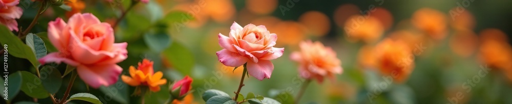 Stems of pink roses amidst the blossoms of an orange tree in a garden, orange, garden Stems of pink roses amidst the blossoms of an orange tree in a garden, orange, garden