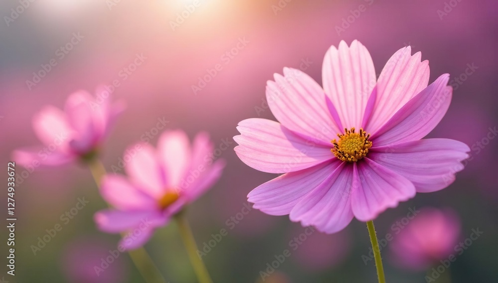 Soft pink cosmos flowers swaying gently in the breeze, purple, flowers Soft pink cosmos flowers swaying gently in the breeze, purple, flowers