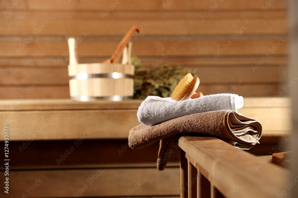 Obraz premium Massaging brush, stack of towels and other supplies in sauna, selective focus