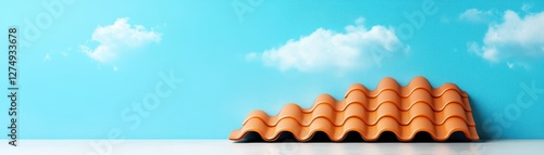 Modern Orange Roof Tiles Against a Bright Blue Sky with Puffy White Clouds, Symbolizing Home Improvement and Protection