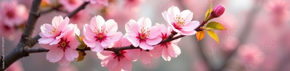 Fototapeta premium Delicate pink flowers bloom on peach tree branches, blossoming, delicate, spring