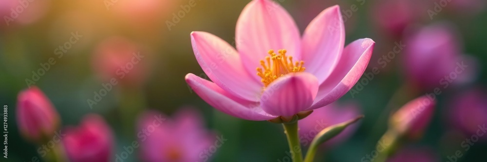 Delicate petals unfurl from twin flower stems, buds, tiny Delicate petals unfurl from twin flower stems, buds, tiny