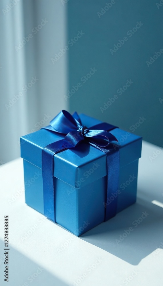 Deep blue rectangular gift box on white surface, present, blue gift box Deep blue rectangular gift box on white surface, present, blue gift box
