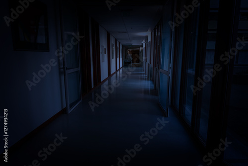 Canvastavla Dark empty corridor in hospital building at night