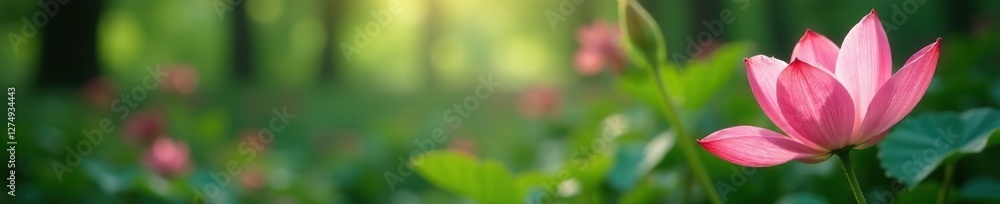 Soft petals unfurl in hues of blush pink amidst forest foliage, greenery, nature, forest bloom Soft petals unfurl in hues of blush pink amidst forest foliage, greenery, nature, forest bloom
