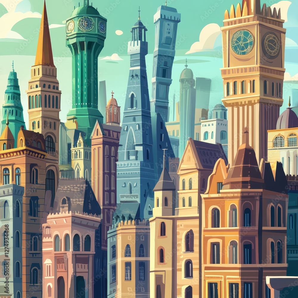 Naklejka premium Whimsical cartoon cityscape with various colorful and unique buildings