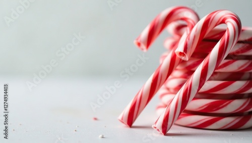 Red and white striped candy canes leaning against a stack of similar sweets, festive sweets, candy canes photo