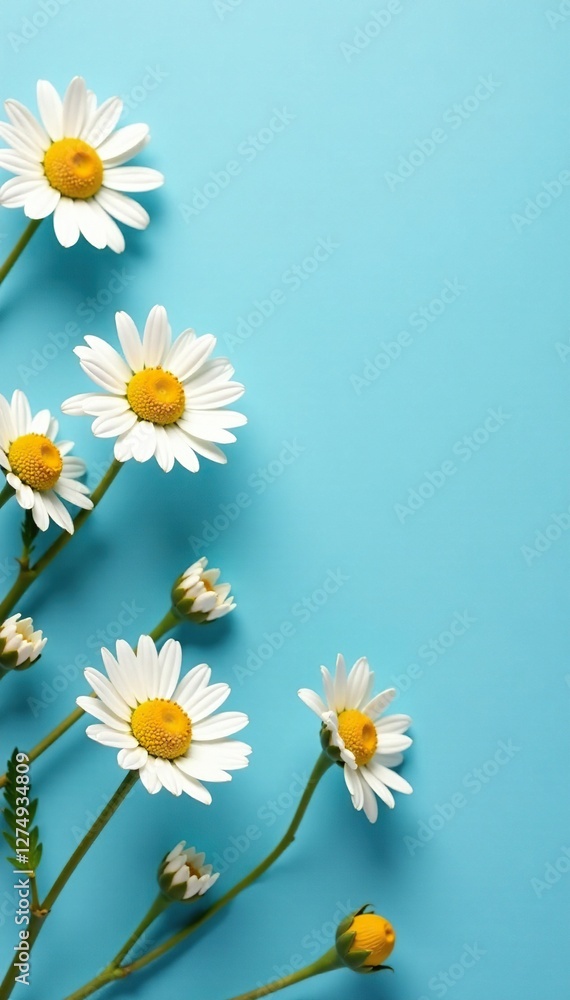 Obraz premium Soft pale chamomile flowers on a blue background, pale yellow flowers, nature, floral arrangement