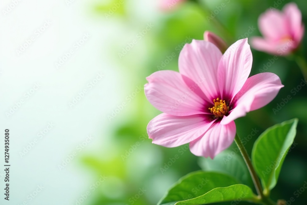 Soft pink flower petals against a white and green leafy background, plant life, leafy greens, botanicals Soft pink flower petals against a white and green leafy background, plant life, leafy greens, botanicals