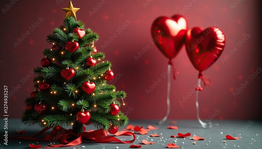 Festive Christmas tree branches with red heart balloons, joyful atmosphere, red heart balloons Festive Christmas tree branches with red heart balloons, joyful atmosphere, red heart balloons
