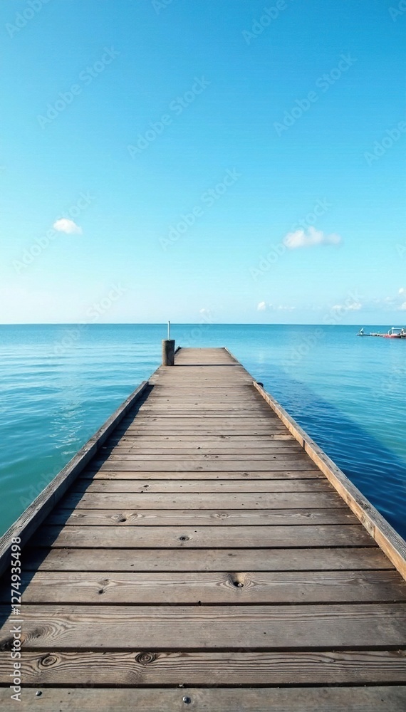 Wooden pier stretches over calm waters beneath blue sky, calm, sky, clear Wooden pier stretches over calm waters beneath blue sky, calm, sky, clear