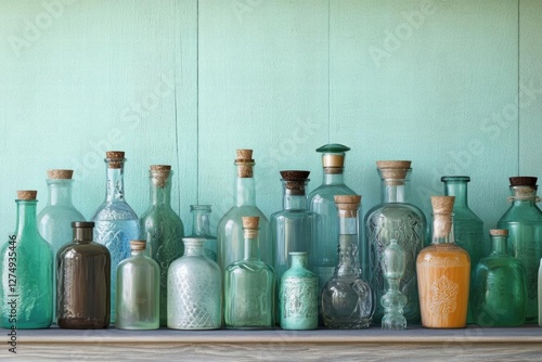 Wallpaper Mural Vintage Glass Bottles on a Wooden Shelf Against a Mint Green Wall Torontodigital.ca