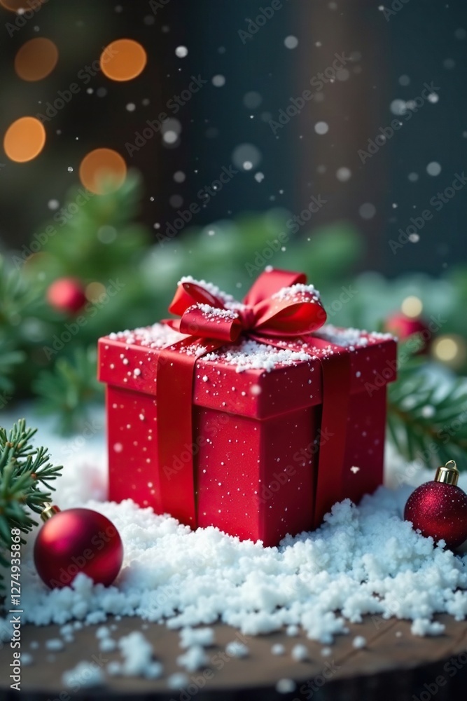 Red Christmas box on a snowy table with evergreen branches, snow, festive Red Christmas box on a snowy table with evergreen branches, snow, festive