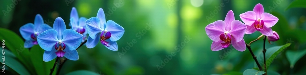 Obraz premium Blue and pink orchids growing in a tropical rainforest, greenery, exotic, plant