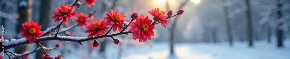Red chrysanthemum flowers on a bare branch in the snow-covered forest, petals, red, blossom Red chrysanthemum flowers on a bare branch in the snow-covered forest, petals, red, blossom
