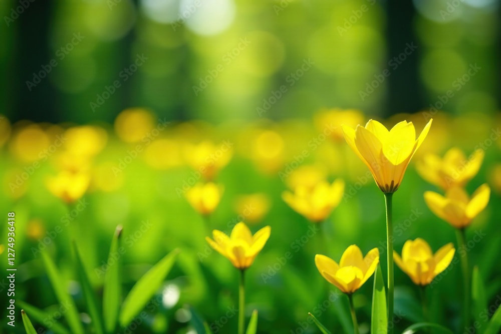 Fototapeta premium Yellow flowers blooming in a lush green meadow, spring, natural