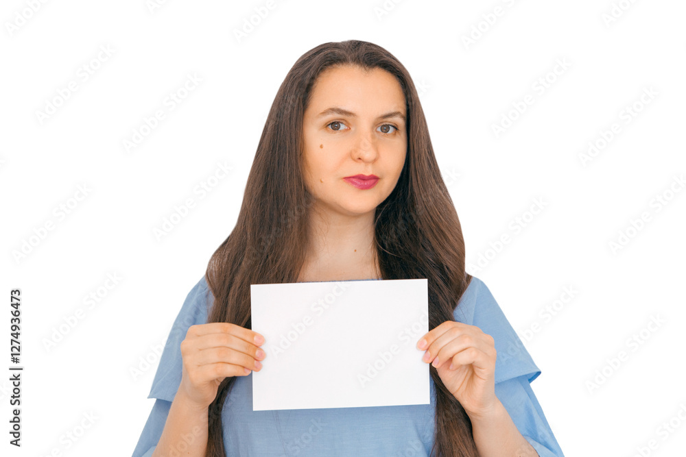 A young, attractive girl holding mockup with empty paper. A sign, an empty space for advertising, inscription, design. White background. A young, attractive girl holding mockup with empty paper. A sign, an empty space for advertising, inscription, design. White background.