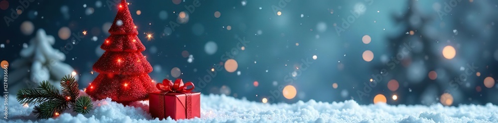 Red glitter Christmas tree against a snowy backdrop, gift, festive Red glitter Christmas tree against a snowy backdrop, gift, festive