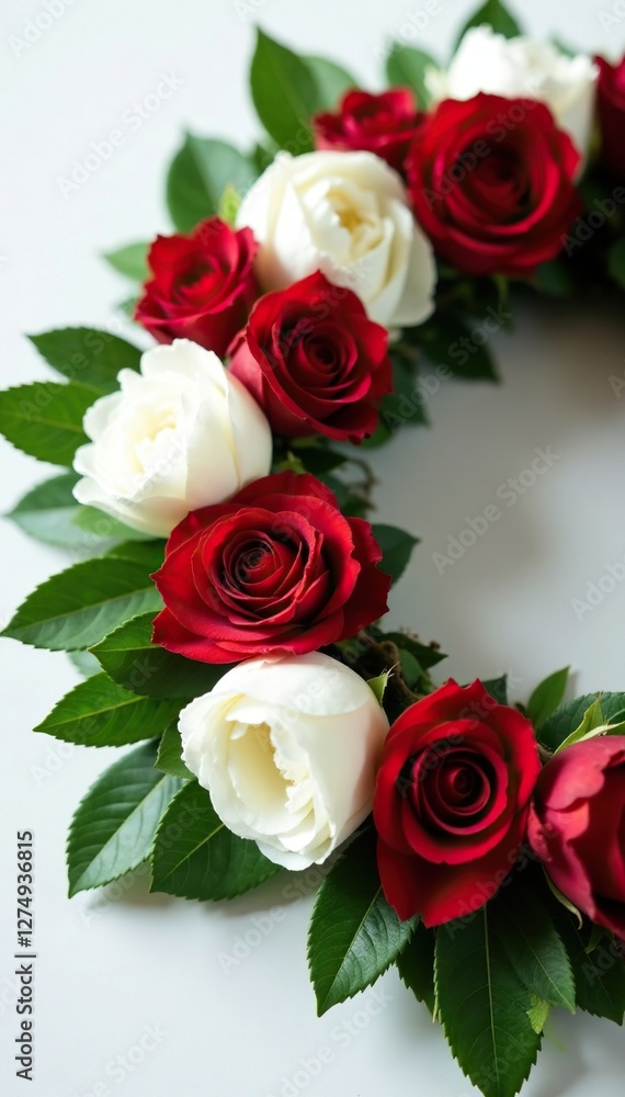 Wreath composed of white peonies and crimson roses on an evergreen base, festive, red, floral Wreath composed of white peonies and crimson roses on an evergreen base, festive, red, floral