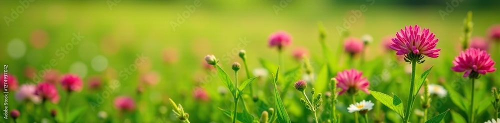 Red clover flowers in full bloom amidst lush green grass, wildflowers, petals, field Red clover flowers in full bloom amidst lush green grass, wildflowers, petals, field