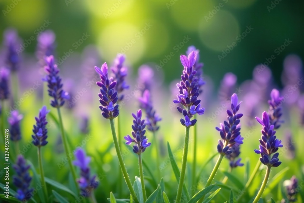 Lavender flowers with purple stems and green leaves, green, purple, foliage Lavender flowers with purple stems and green leaves, green, purple, foliage