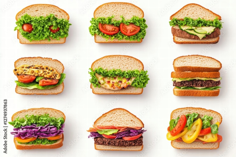 Nine Delicious Sandwiches with Various Fillings Nine Delicious Sandwiches with Various Fillings