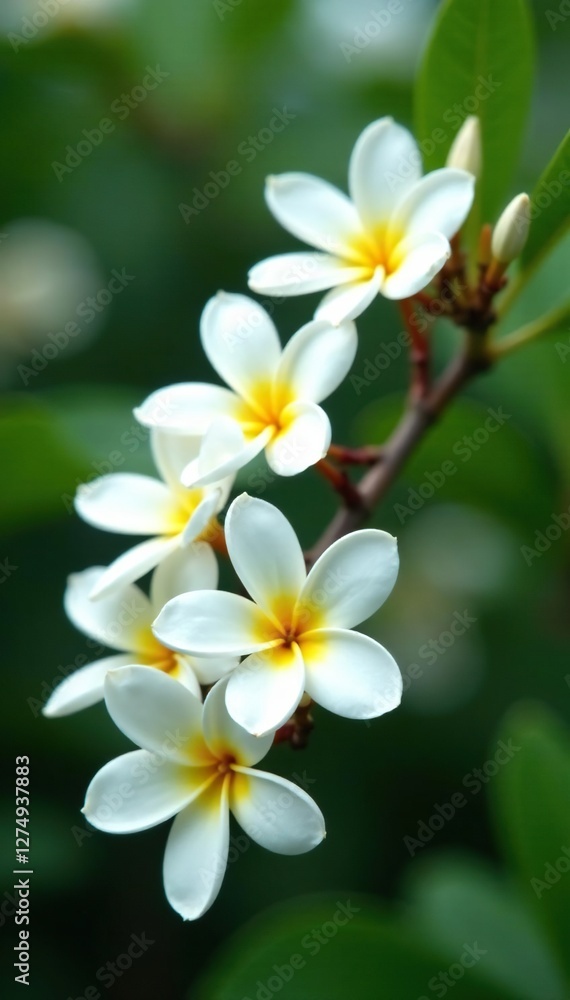 Fototapeta premium Large white plumeria flowers bloom in clusters on a tree branch, tropical, blooming