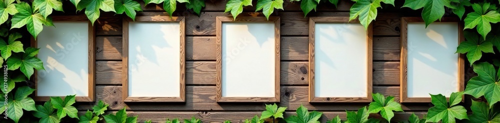 Wooden wall with empty picture frames and overgrown vines, vines, leaves Wooden wall with empty picture frames and overgrown vines, vines, leaves