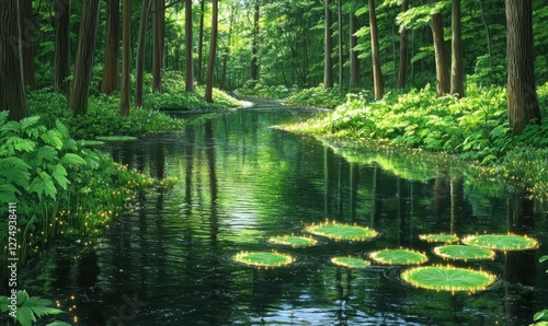 Serene forest scene with a tranquil river, surrounded by lush greenery and lily pads, evoking peace