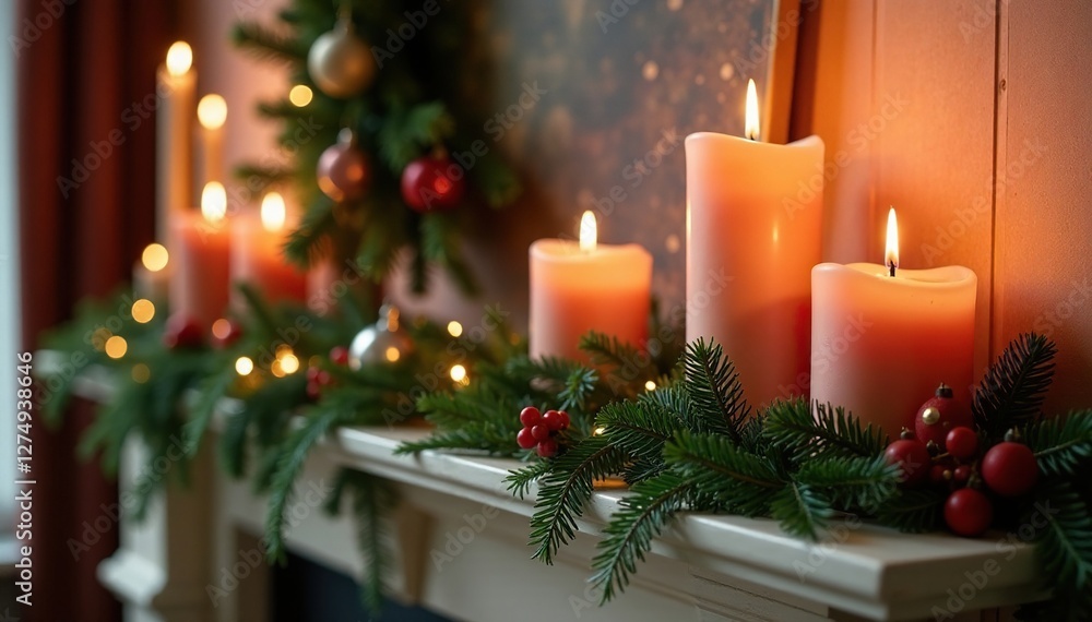 Festive mantelpiece with candles and evergreen, season, mantelpiece, festive Festive mantelpiece with candles and evergreen, season, mantelpiece, festive